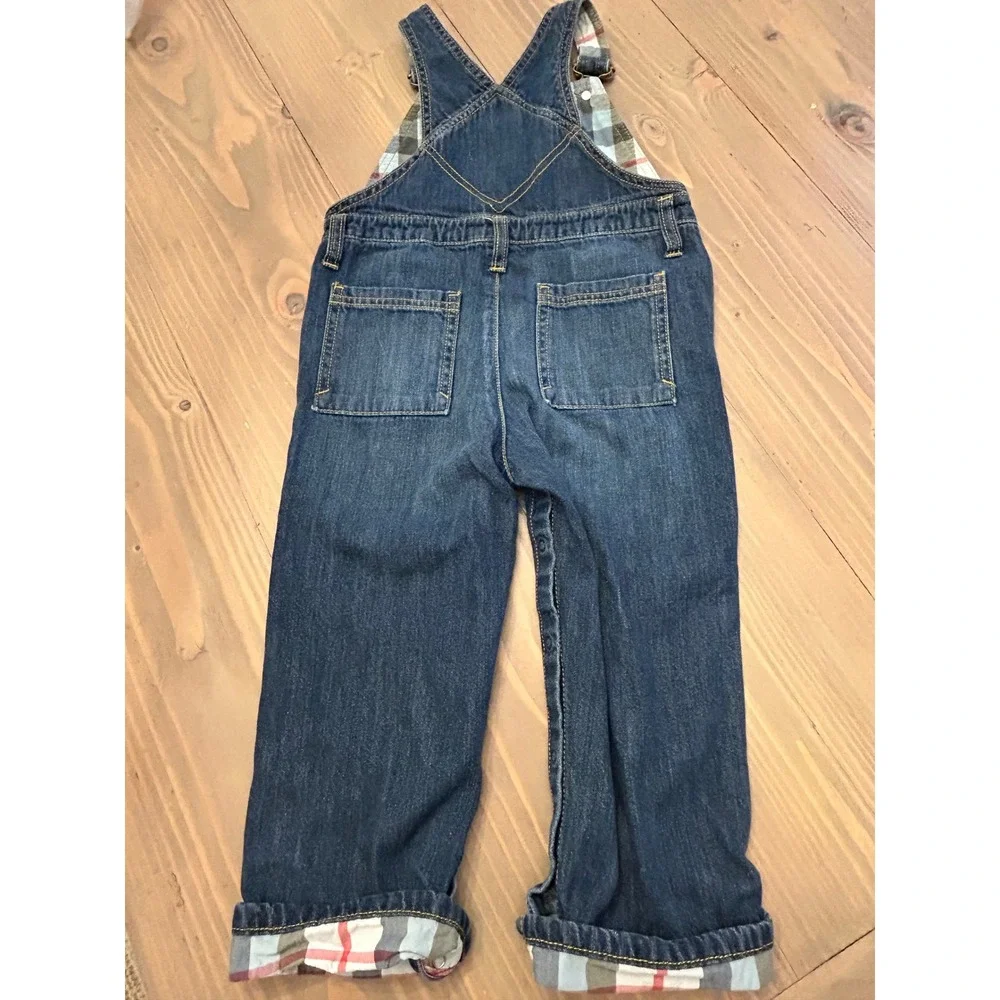 Cc23 Gymboree Boys Denim Overalls 3T Blue Plaid Lined Truck Embroidered Jeans